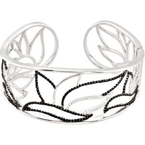Genuine Black Spinel & Diamond Hinged Cuff Bracelet