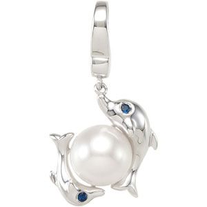 Freshwater Cultured Pearl & Genuine Sapphire Dolphin Charm
