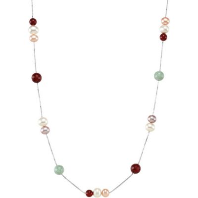 Multi-color Freshwater Cultured Pearl, Genuine Jade & Red Agate 36