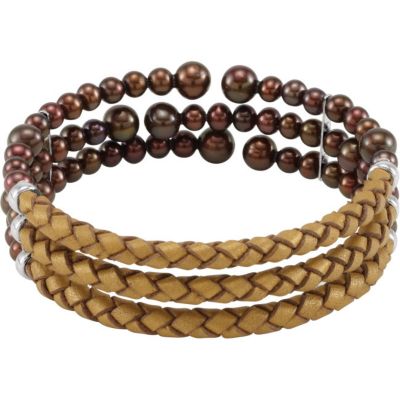 Freshwater Cultured Copper Color Pearl & Leather Cuff Bracelet