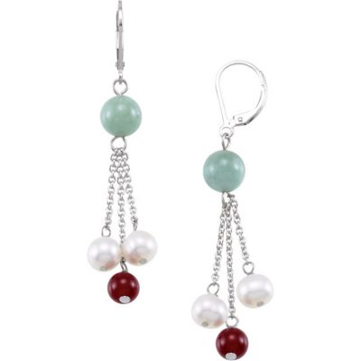 Freshwater Cultured Pearl, Red Agate & Jade Lever Back Earrings