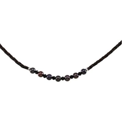 Freshwater Cultured Black Pearl, Onyx & Leather Necklace