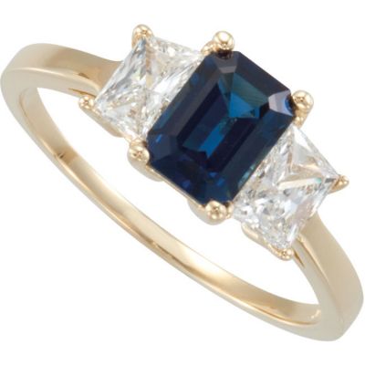 Genuine Blue Sapphire & Trapezoid Diamond Ring 	