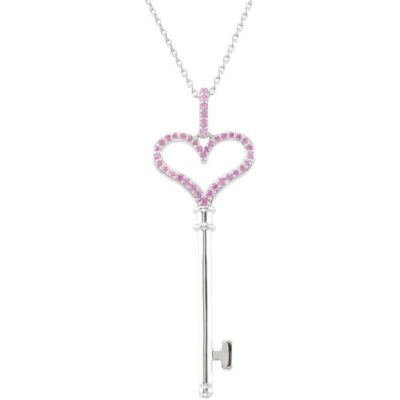 Genuine Pink Sapphire Heart Key Pendant or 18