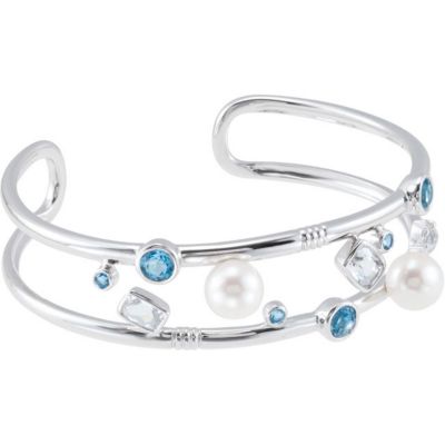 Freshwater Cultured Pearl, Genuine Swiss Blue Topaz  & Genuine Crystal Cuff Bracelet 