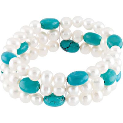 Freshwater Cultured Pearl & Genuine Turquoise Stretch Bracelet