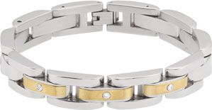 Stainless Steel Link Bracelet with Diamonds and 14KT Yellow Inlay