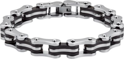 Stainless Steel Bike Chain Link Bracelet with Black Rubber Accents