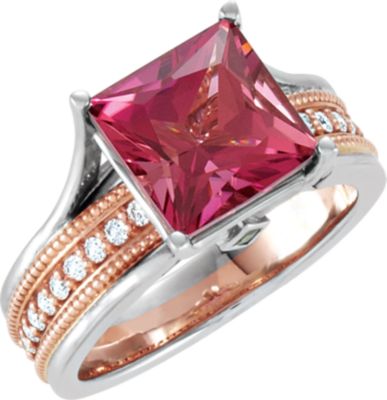 Genuine Pink Tourmaline, Tsavorite Garnet & 1/4 ct tw Diamond Ring