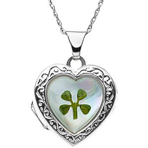 Mother of Pearl Heart Shaped Locket with Four Leaf Clover