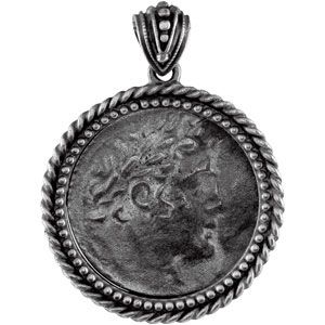 Replica Roman Coin Set Into a Sterling Silver Artisian Coin Frame with Rope Border & Oxidized Finish