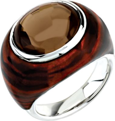 Genuine Smoky Quartz Ring with Tiger Print Enamel
