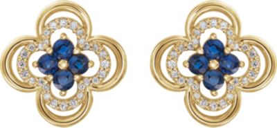 14kt Yellow Genuine Blue Sapphire & 1/5 CTW Diamond Clover Earrings