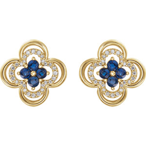 14kt Yellow Genuine Blue Sapphire & 1/5 CTW Diamond Clover Earrings