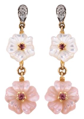Genuine Pink Tourmaline, Mother Of Pearl & Diamond Earrings