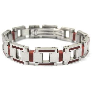 Stainless Steel Bracelet with Red Rubber Accents