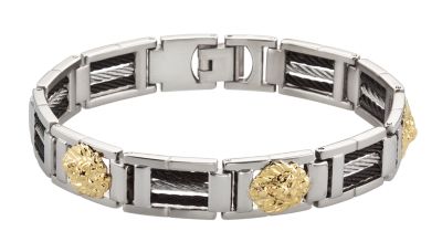 Stainless Steel Bracelet with 10kt Yellow Lion Head & Black Immerse Plate
