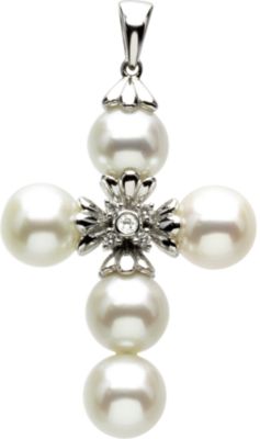 Freshwater Cultured Pearl & Diamond Cross Pendant