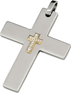 Stainless Steel and 10K Yellow Cross with .30cttw Diamonds