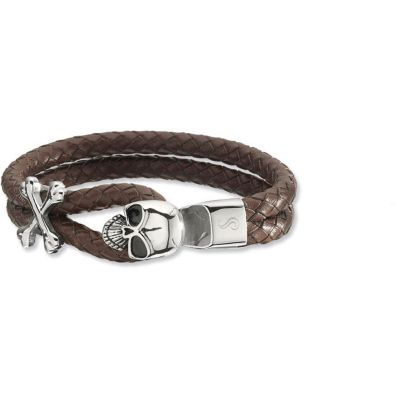Braided Leather & Stainless Steel Skull & Crossbones Bracelet