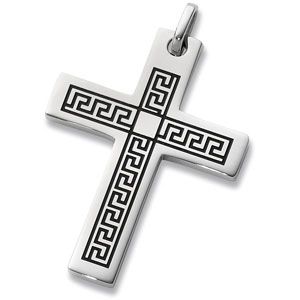 Stainless Steel Greek Key Cross Pendant with Enamel
