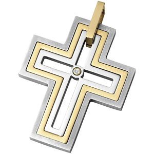 Stainless Steel & 14kt Yellow Cross Pendant with Diamond & Immerse Plating