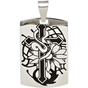 Stainless Steel & Black Laser Design Dog Tag Pendant