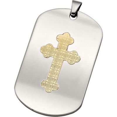 Stainless Steel Dog Tag Pendant with 10kt Yellow Cross Inlay