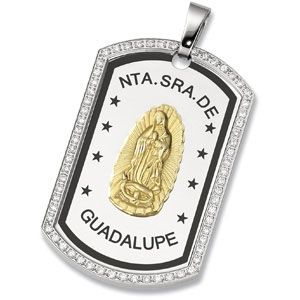 Joyas Alternativas&trade; Stainless Steel Guadalupe Dog Tag Pendant with CZ's
