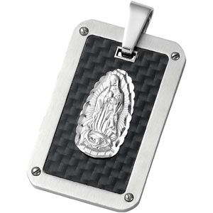 Joyas Alternativas&trade; Stainless Steel Guadalupe Dog Tag Pendant with Carbon Fiber Center