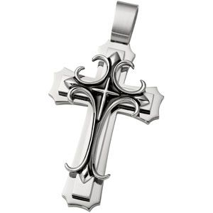 Joyas Alternativas&trade; Stainless Steel Cross Pendant Antiqued with Black Enamel