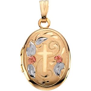 Tri-Color Oval Locket with Cross