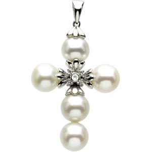 Freshwater Cultured Pearl & Diamond Cross Pendant