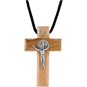 Olive Wood St.Benedict Crucifix on Silk Cord