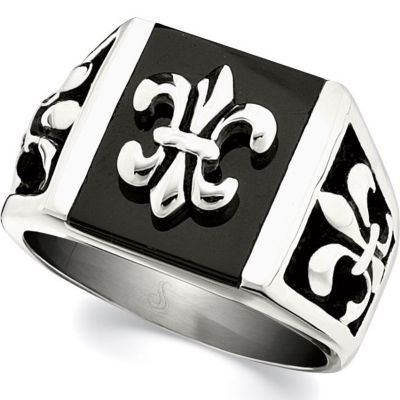 Stainless Steel Fleur-de-lis Ring with Black Enamel