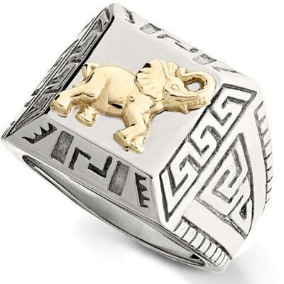 Stainless Steel Ring with 10kt Yellow Elephant and Greek Key
