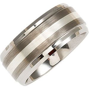 10mm Dura Tungsten&reg; Ridged Beveled Satin Band with Sterling Silver Inlay