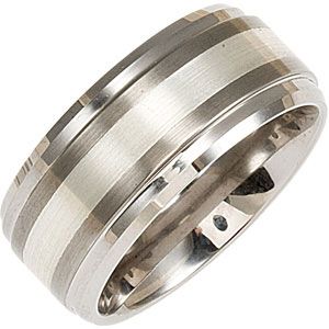 10mm Dura Tungsten&reg; Ridged Beveled Satin Band with Sterling Silver Inlay