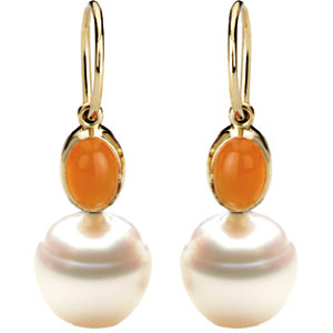 7x5mm Carnelian and 11mm South Sea Cultured Pearl Earrings Ref 64082
