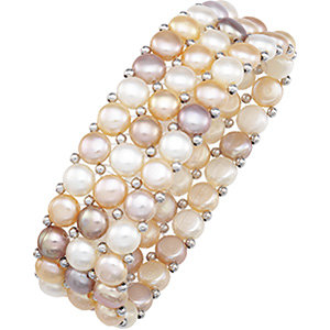 Sterling Silver Freshwater Cultured Natural Multi-Colored Pearl 3 Row Stretch Bracelet