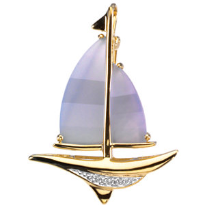 Genuine Blue Chalcedony and Diamond Sailboat Brooch or Pendant