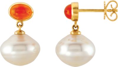 7x5mm Carnelian and 11mm South Sea Cultured Pearl Earrings